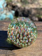 Load image into Gallery viewer, Green Sparkle Purple Rainbow Implosion Flower Glass Marble 1.36 inch