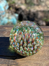 Load image into Gallery viewer, Green Sparkle Purple Rainbow Implosion Flower Glass Marble 1.36 inch
