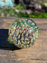 Load image into Gallery viewer, Green Sparkle Purple Rainbow Implosion Flower Glass Marble 1.36 inch
