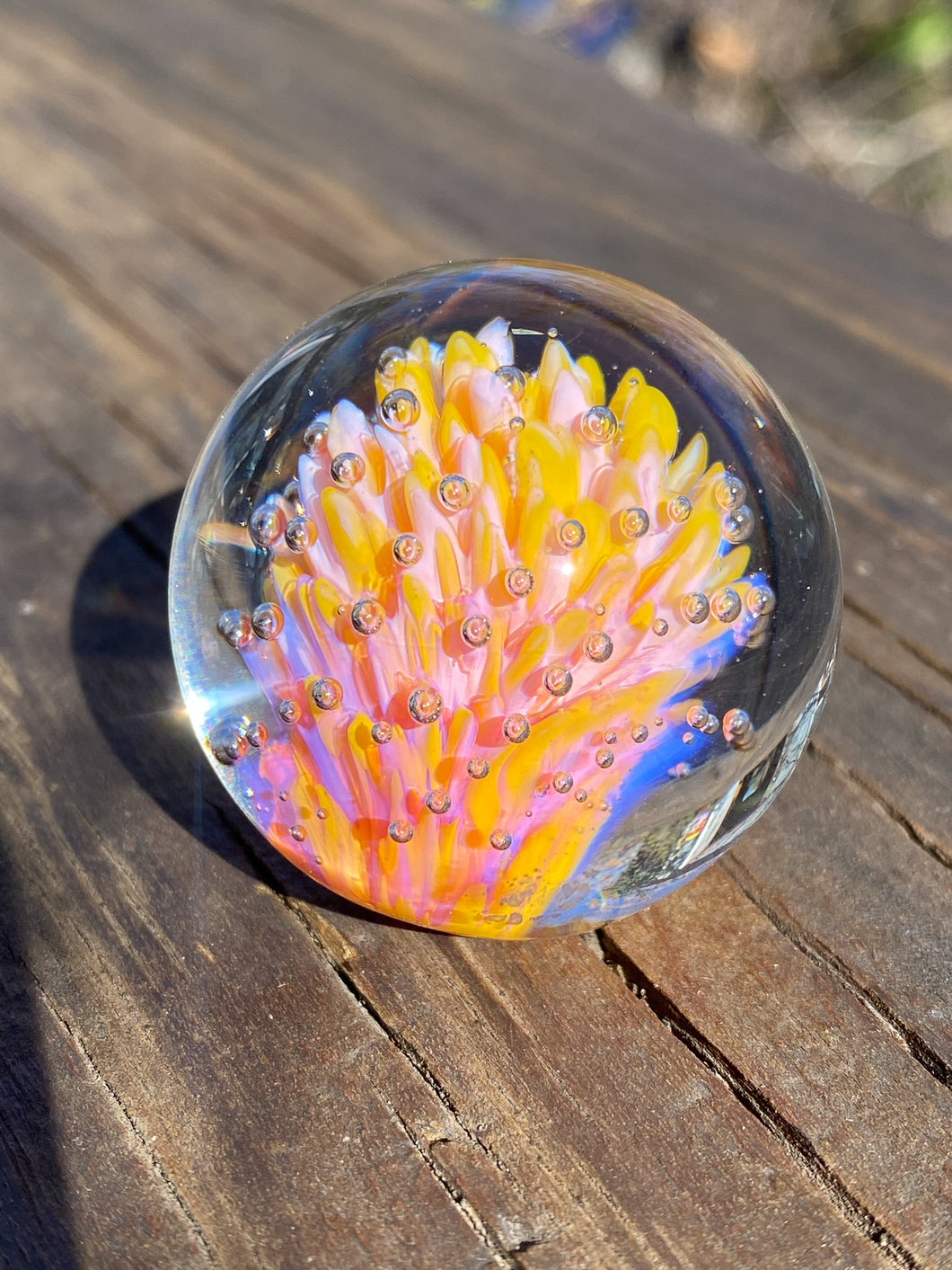 Yellow & Pink Exploding FIESTA Flower Implosion Handmade Glass Marble 1.38 inch